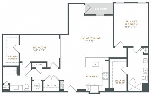 Floor plan for 2 beds, 2 baths, 1429 sqft